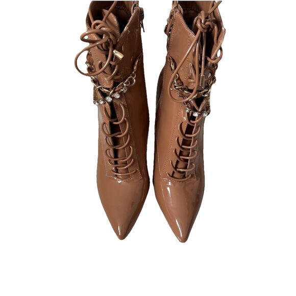Aldo Women’s Patent Leather Tan Brown Lace Up stiletto Bootie Chain Gold Size 8 - Picture 7 of 8